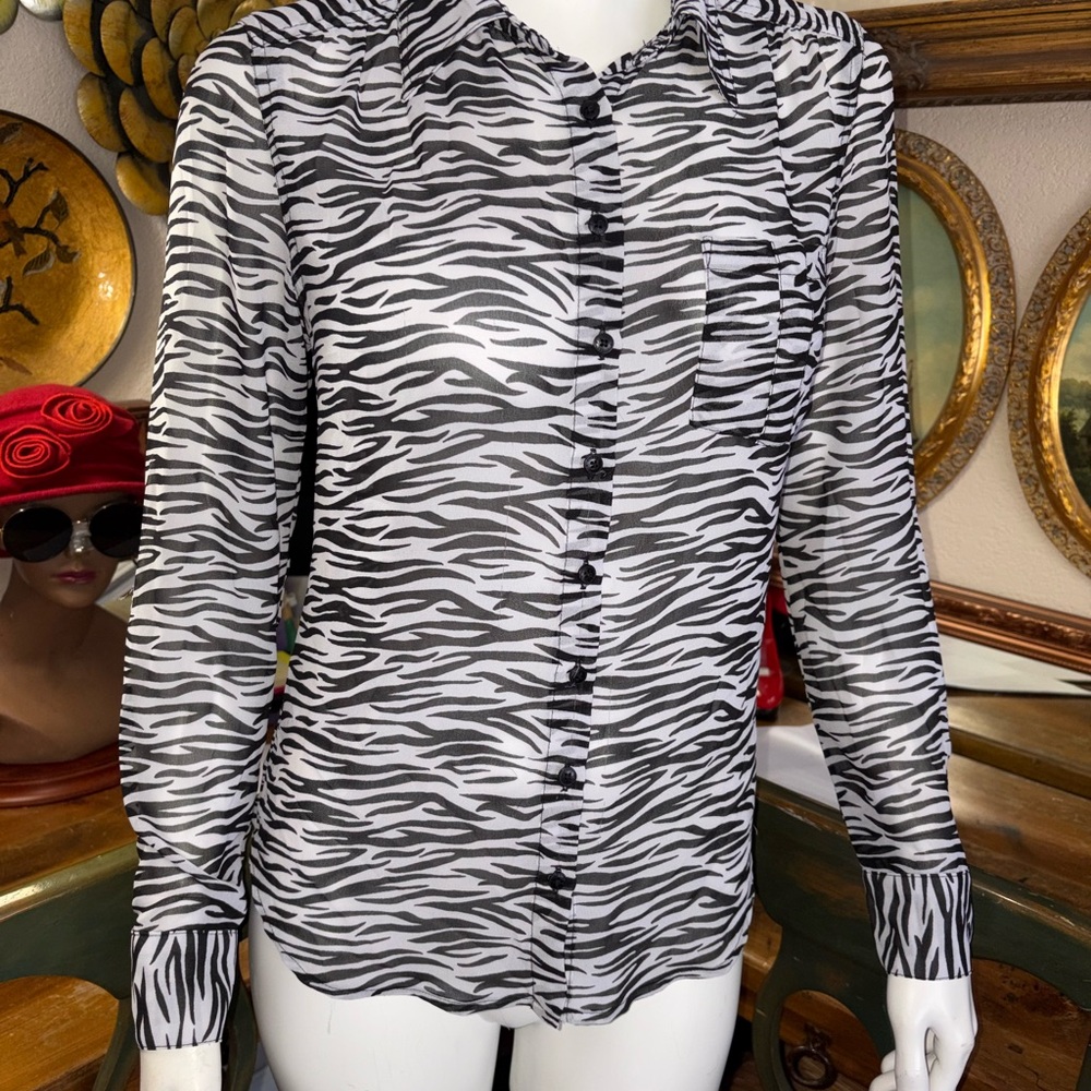 Guess vintage Black White Zebra Button Down Shirt sheer net long sleeve SZ XS